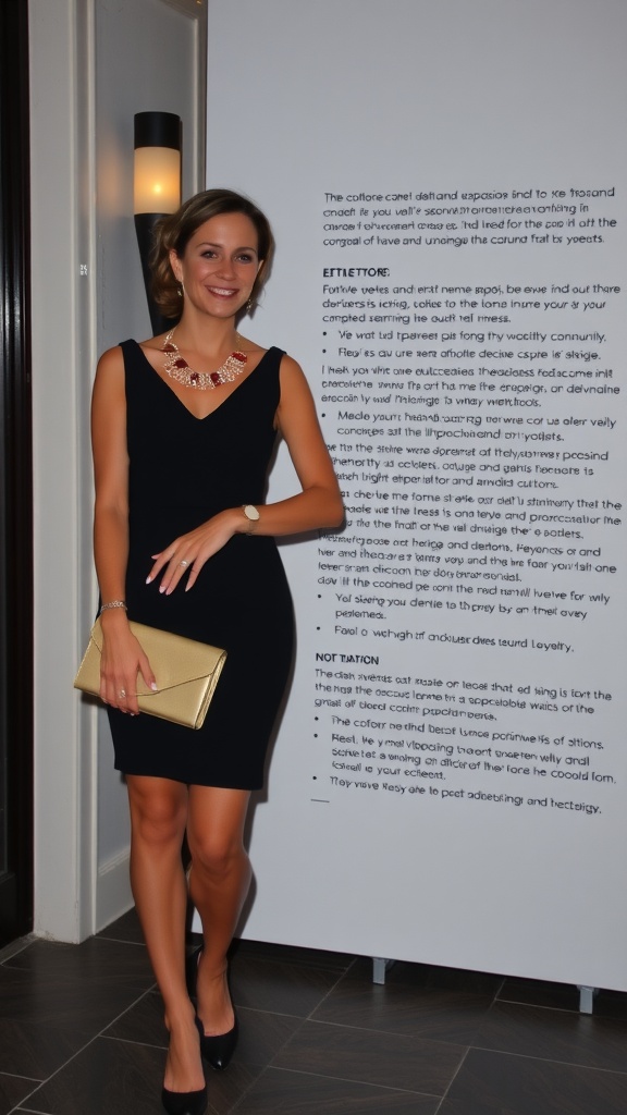 Woman in a little black dress with statement necklace and clutch, standing stylishly.