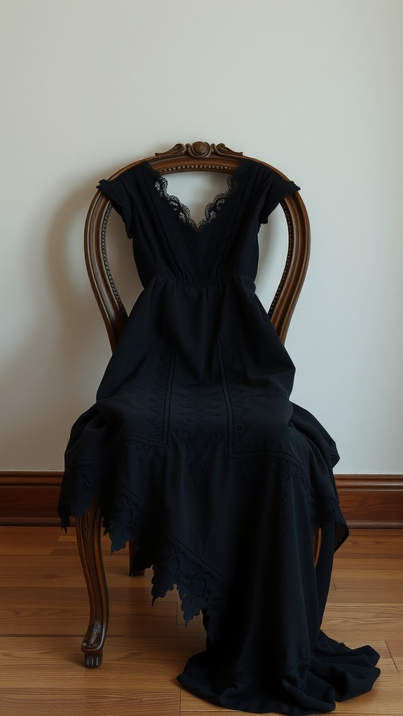 A classic little black dress with lace details hanging on a vintage chair.