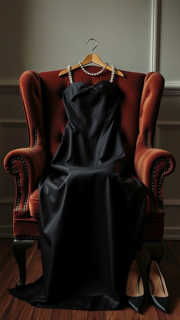 A classic little black dress displayed on a chair with a sparkling necklace and black heels