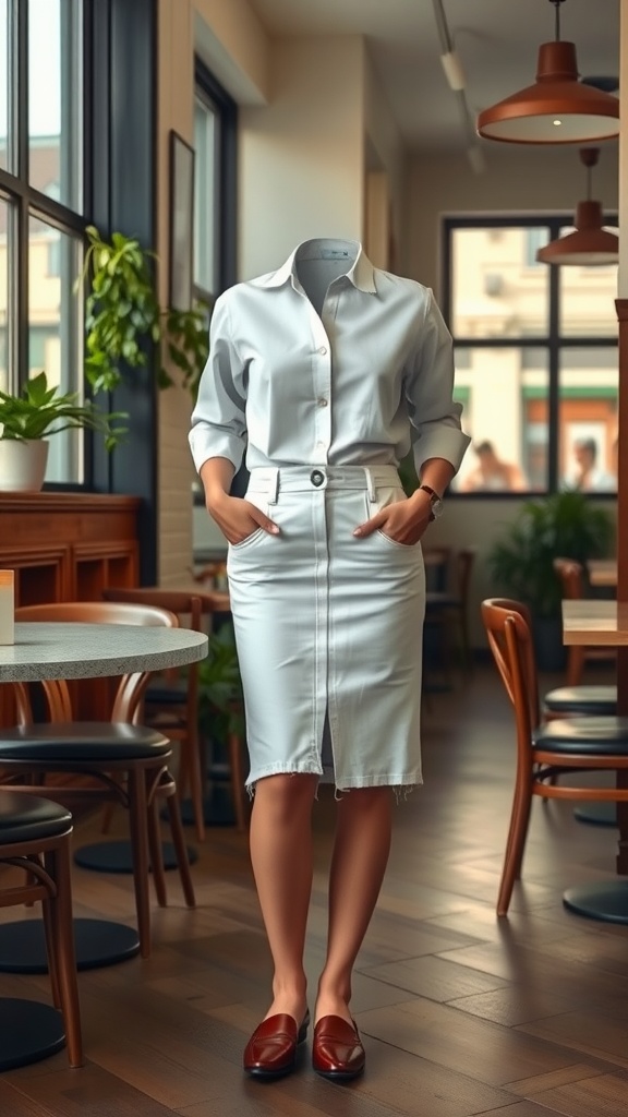 A stylish outfit featuring a white denim skirt and a button-up shirt, showcased in a bright interior.