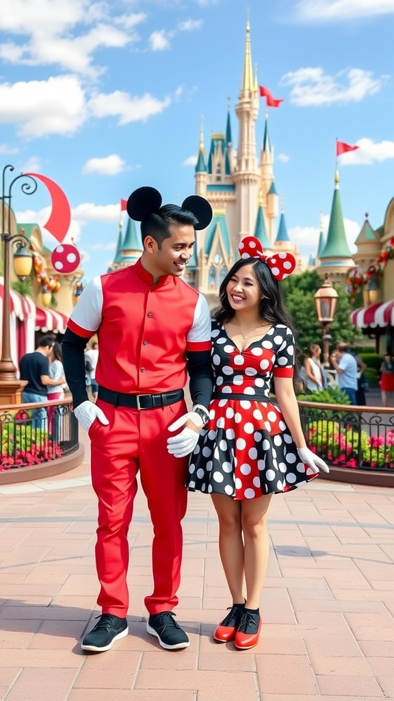 A couple dressed in Mickey and Minnie Mouse themed outfits in front of a Disney castle.