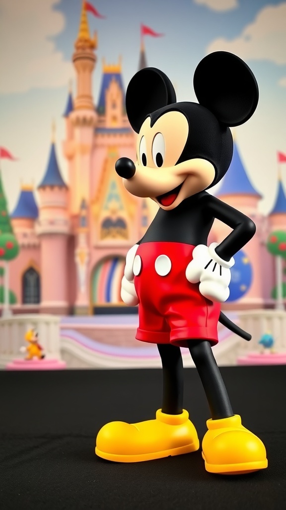 A figure of Mickey Mouse in a classic outfit with red shorts and yellow shoes, in front of a colorful castle backdrop.