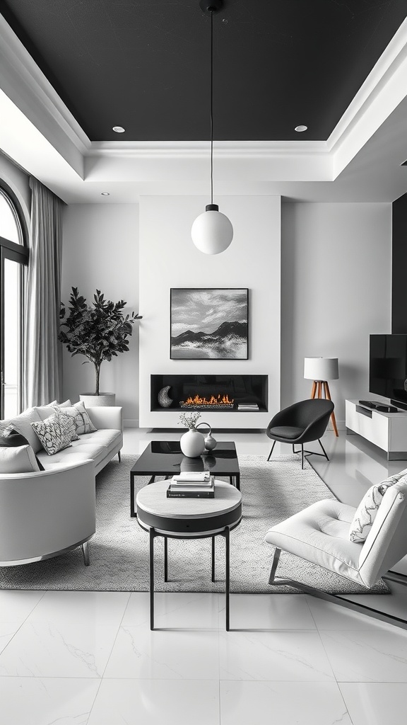 Stylish monochrome living room with black ceiling and white furniture