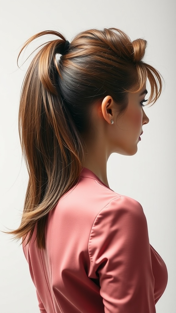 A woman showcasing a classic mullet hairstyle with defined back and layers.
