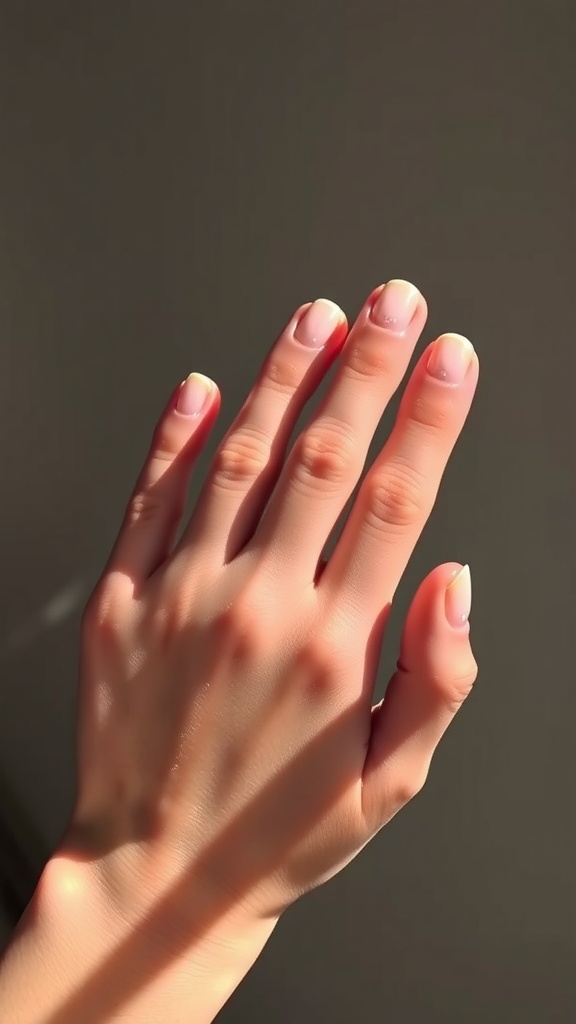 A hand with nude nails featuring a subtle French tip design.