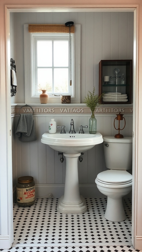 A vintage bathroom featuring a classic pedestal sink, gray walls, decorative items, and patterned flooring.