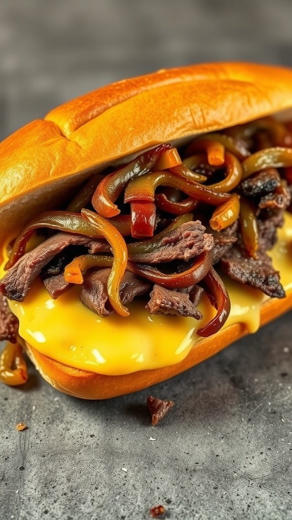 A delicious classic Philly cheesesteak sandwich.