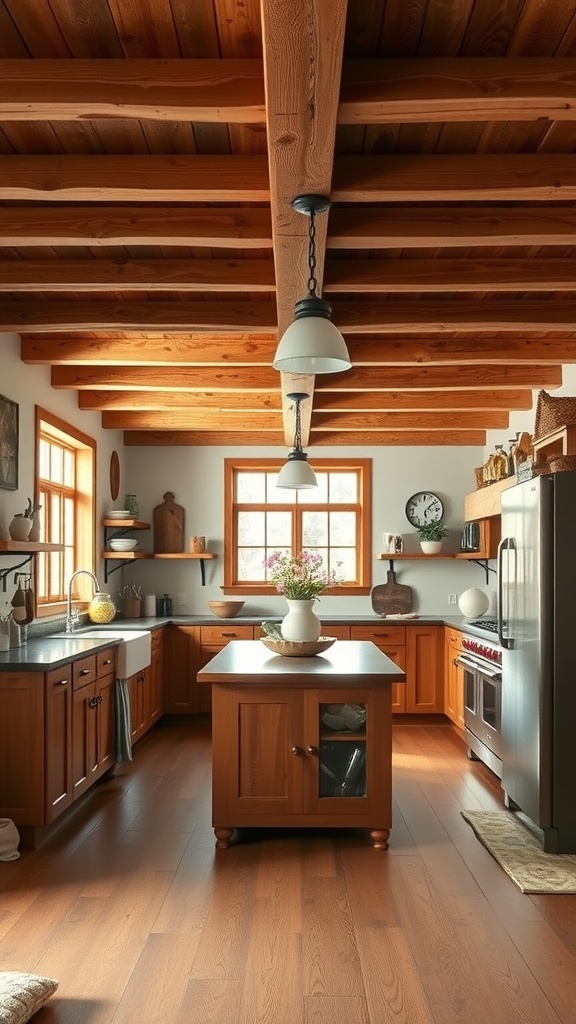 Interior view of a farmhouse kitchen with classic pine wood beams and wooden cabinetry