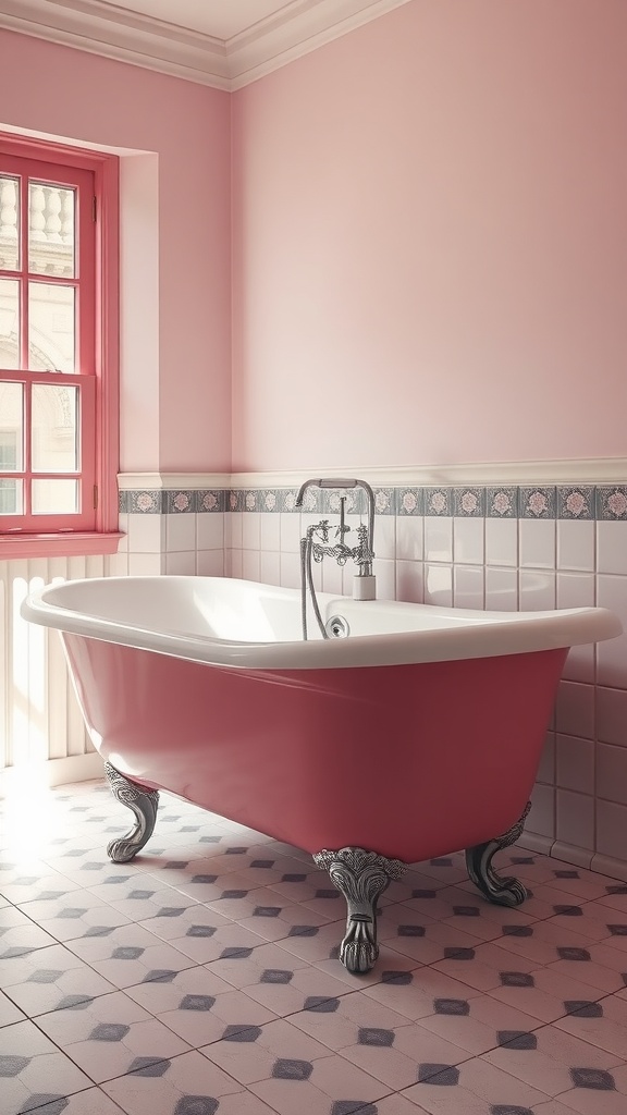A classic pink bathtub with a white rim and vintage clawfoot design in a pink retro bathroom.