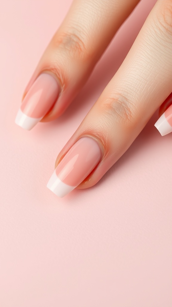 Close-up of classic pink French tip nails