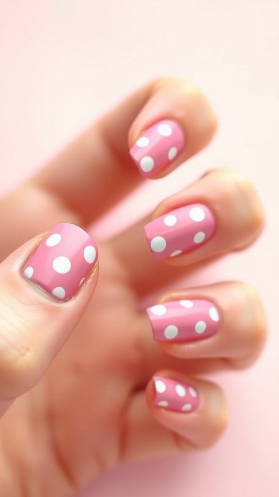 A hand displaying nails painted in pink with white polka dots