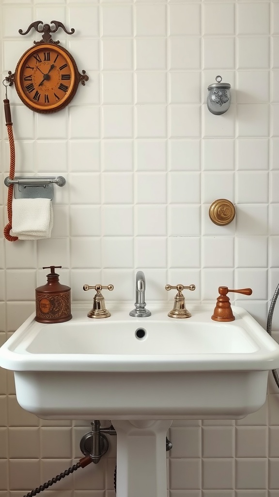 A vintage bathroom featuring a classic porcelain sink with decorative faucets and a wall clock.