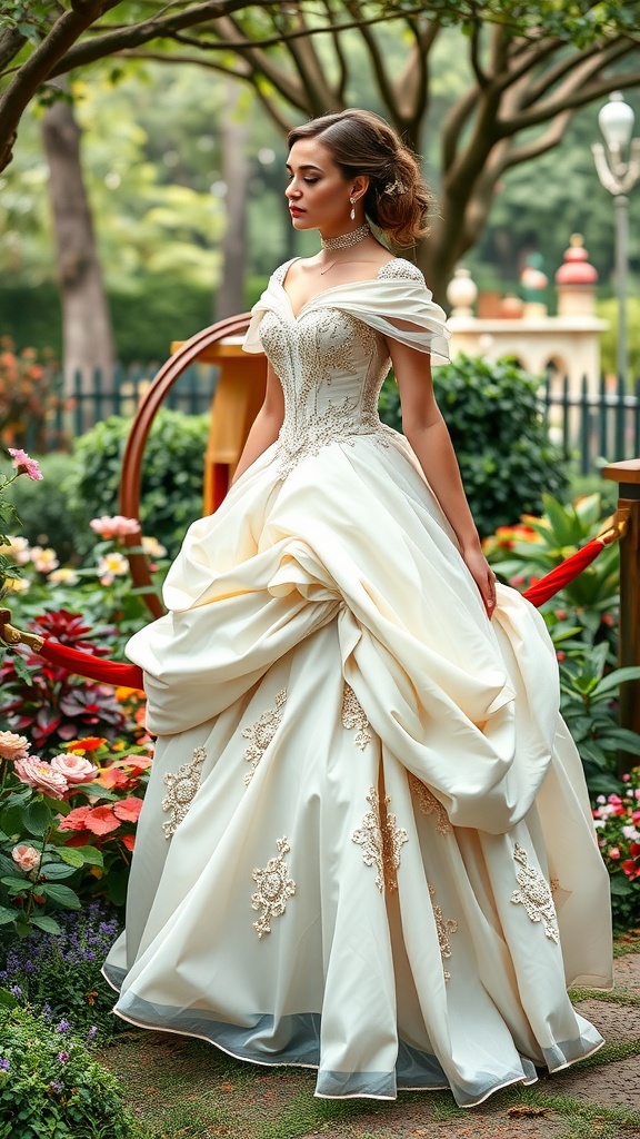A woman in an elegant classic princess dress standing in a garden