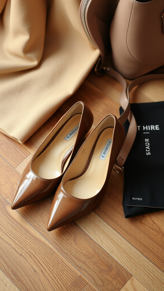 A pair of brown classic pumps next to a handbag and fabric on a wooden surface.