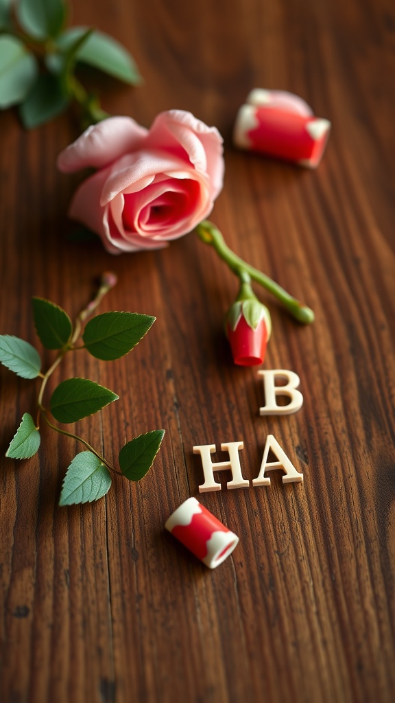 A pink rose, red and white French tip nails, and decorative letters on a wooden background.