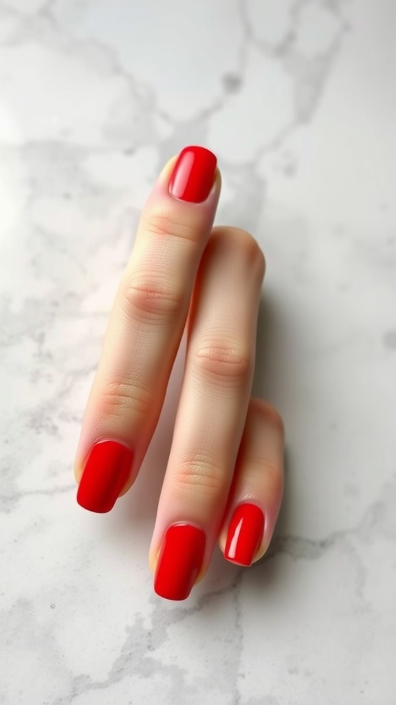 Close-up of hands with classic red French tip nails.