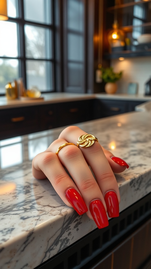 A hand with classic red nails and gold rings resting on a marble countertop.