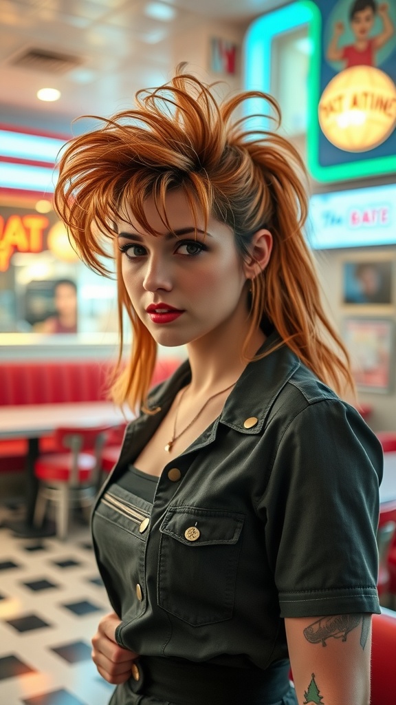 A woman with a classic retro mullet hairstyle, showcasing a vibrant and bold look in a diner setting.