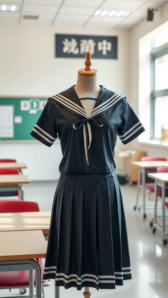 A classic Japanese school sailor style uniform displayed on a mannequin in a classroom.