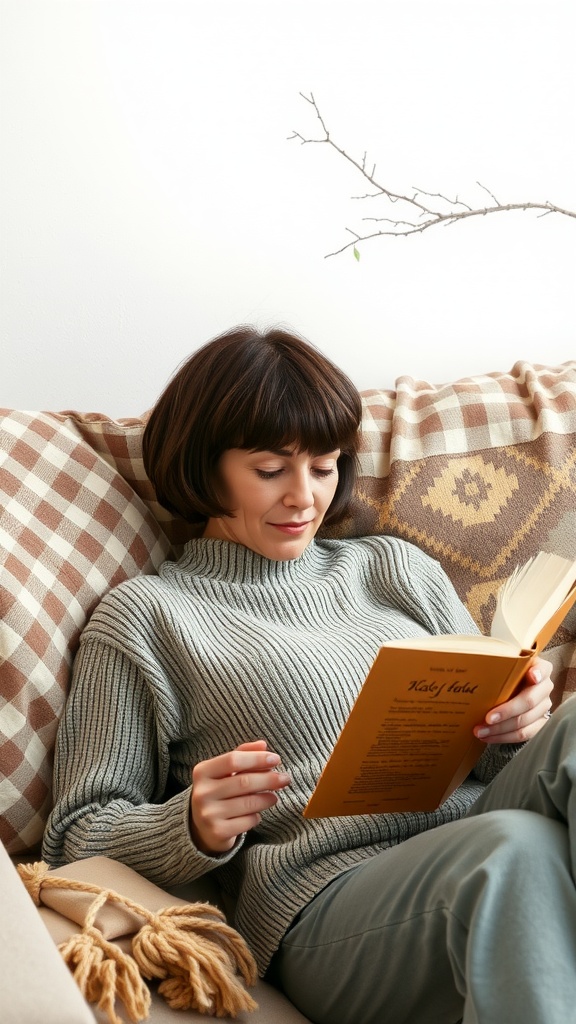 Woman with shaggy haircut reading a book on a couch
