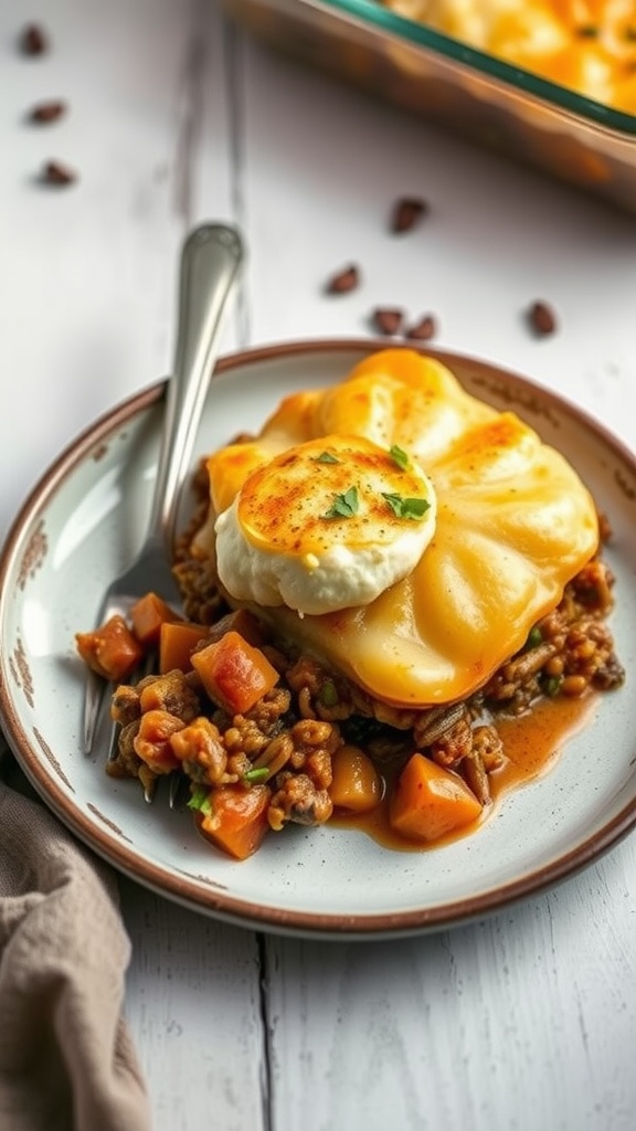 A plate of classic shepherd's pie topped with whipped potatoes and cheese, served with ground beef and vegetables.