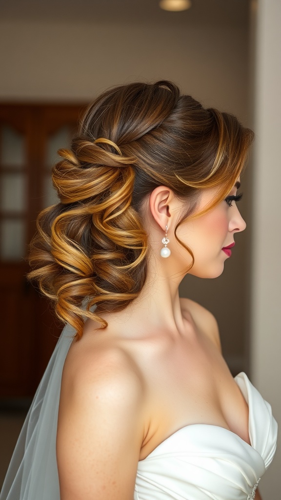 A bride with medium-length hair styled in classic side-swept curls, wearing elegant earrings.