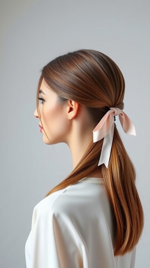 A woman with long hair styled in a classic side ponytail, adorned with a pink ribbon.