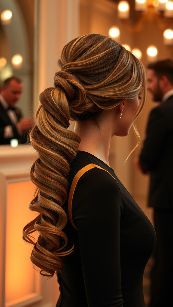 A woman with a stylish side ponytail featuring defined curls, dressed in a sleek black outfit.