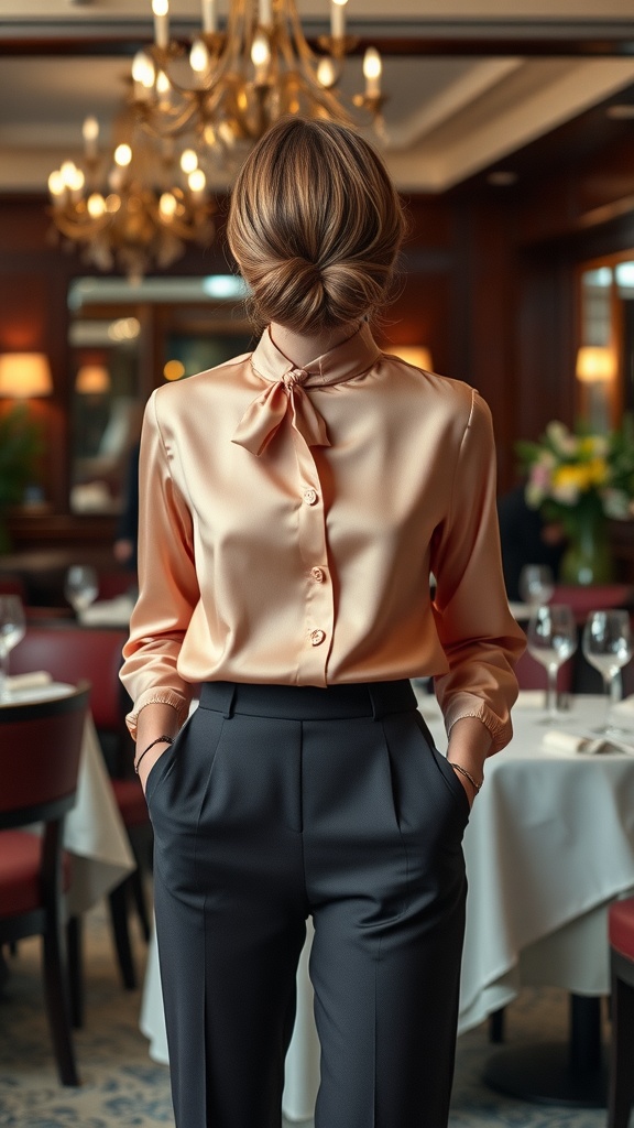 Woman in a silk blouse and tailored trousers, standing in a restaurant
