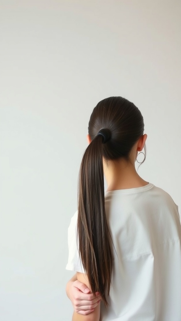 A young woman with long, sleek hair styled in a back ponytail, wearing a simple white shirt.