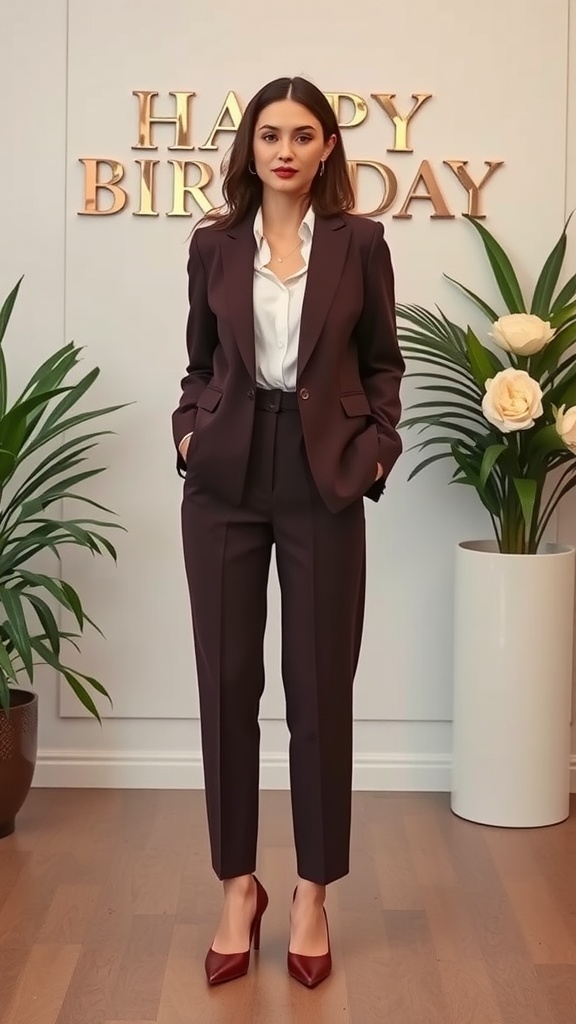 A person wearing a dark suit and white shirt, standing confidently in front of a 'Happy Birthday' backdrop.
