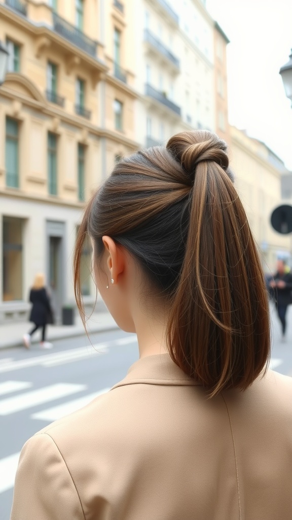 A woman with a classic straight ponytail wrapped in hair, showcasing a polished hairstyle.