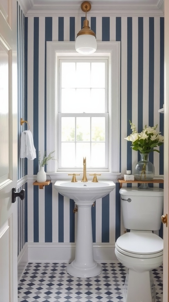 A guest bathroom featuring blue and white striped wallpaper with elegant fixtures and natural decor.