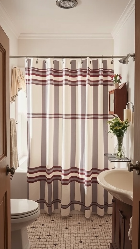 A bathroom with a striped shower curtain featuring light and dark stripes, complemented by wooden accents and a cozy decor style.
