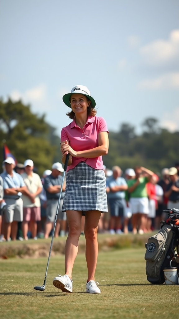 A woman golfer in a pink polo shirt and plaid skirt smiles while holding a golf club, surrounded by spectators at a tournament.