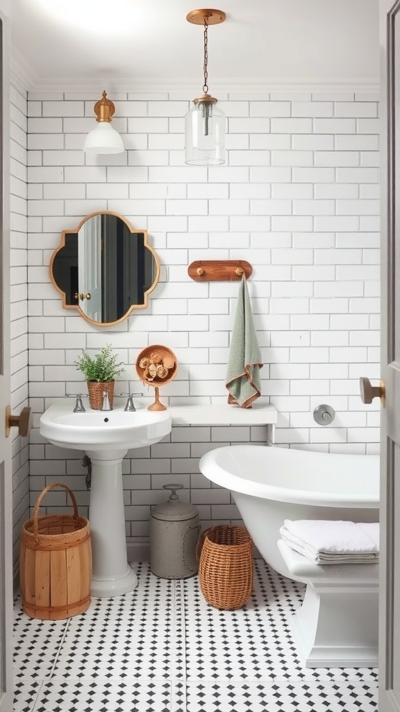 A vintage farmhouse bathroom featuring classic subway tiles with a bright and airy feel.
