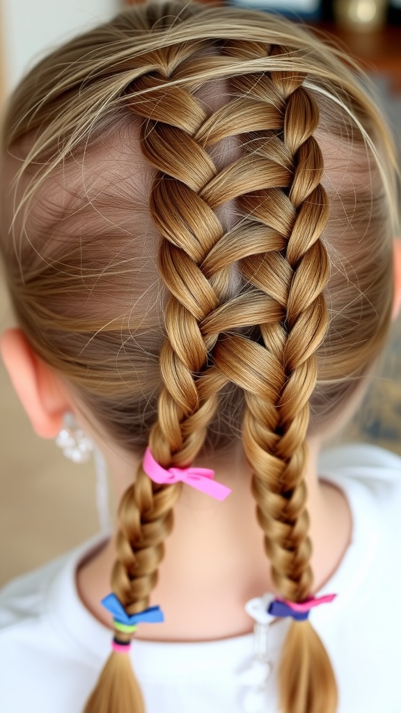 Two classic three-strand braids with colorful hair ties