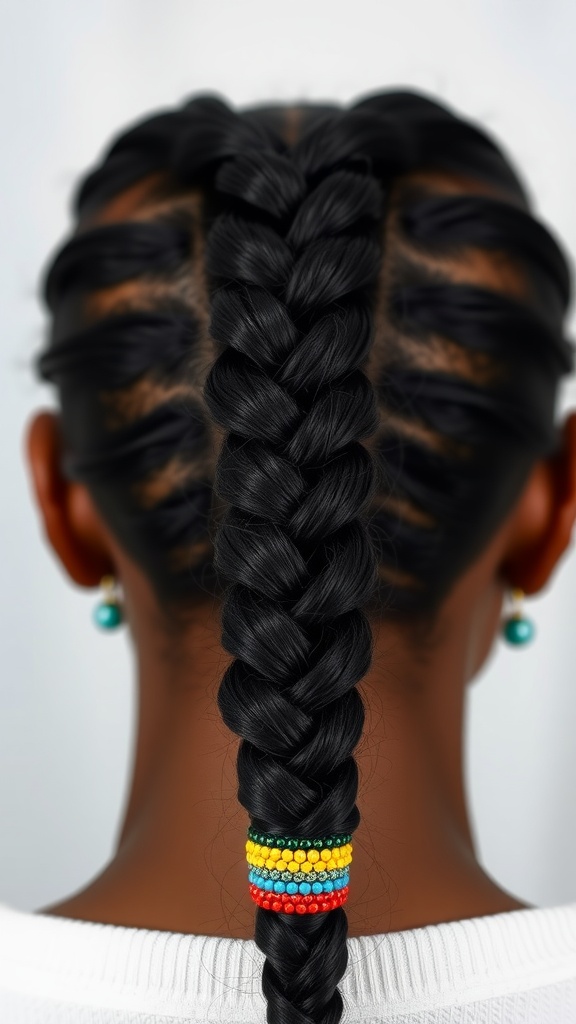 A close-up of a classic three-strand braid with colorful beads at the end, styled on black hair.