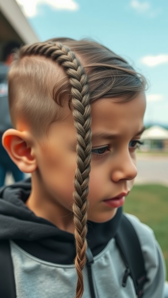 A young boy with a classic three-strand braid hairstyle.
