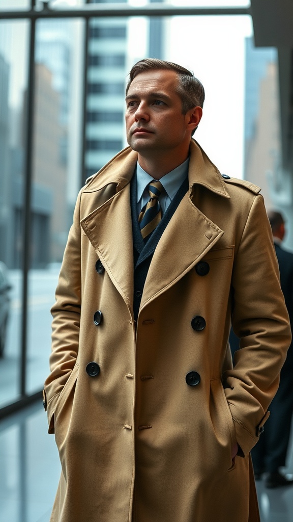 A man wearing a tan trench coat over business attire, looking thoughtfully out of a window in an urban setting.
