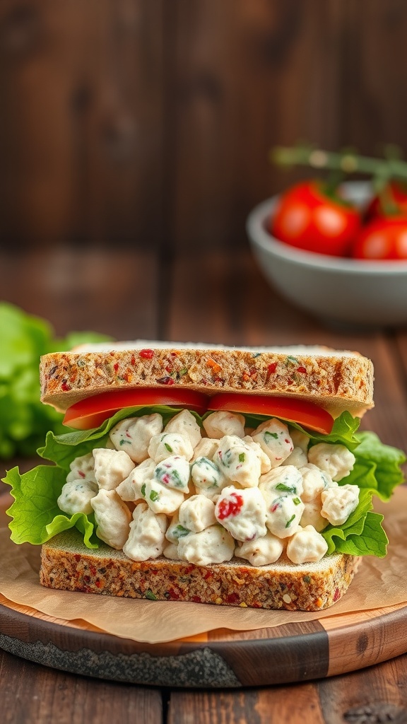 A classic tuna salad sandwich with lettuce and tomato on whole grain bread.