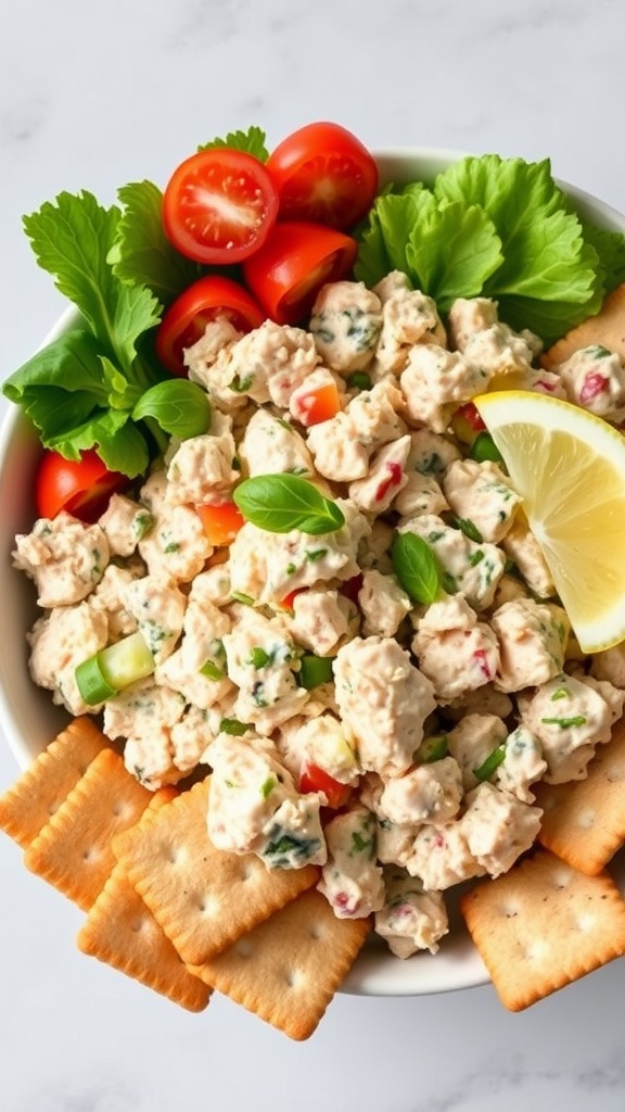 A bowl of classic tuna salad spread surrounded by crackers, tomatoes, and lettuce.