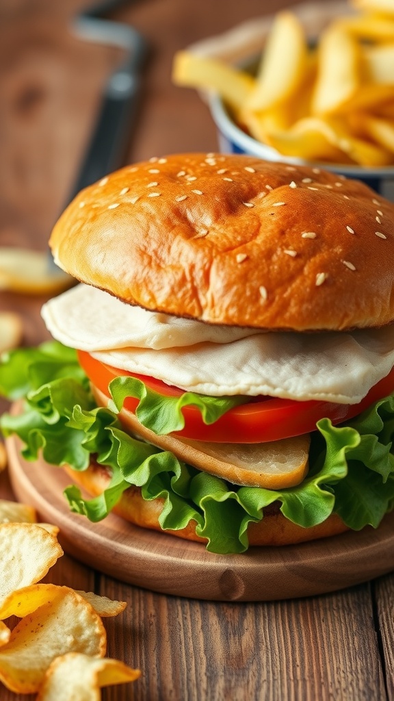 A delicious classic turkey burger with lettuce and tomato on a wooden plate.