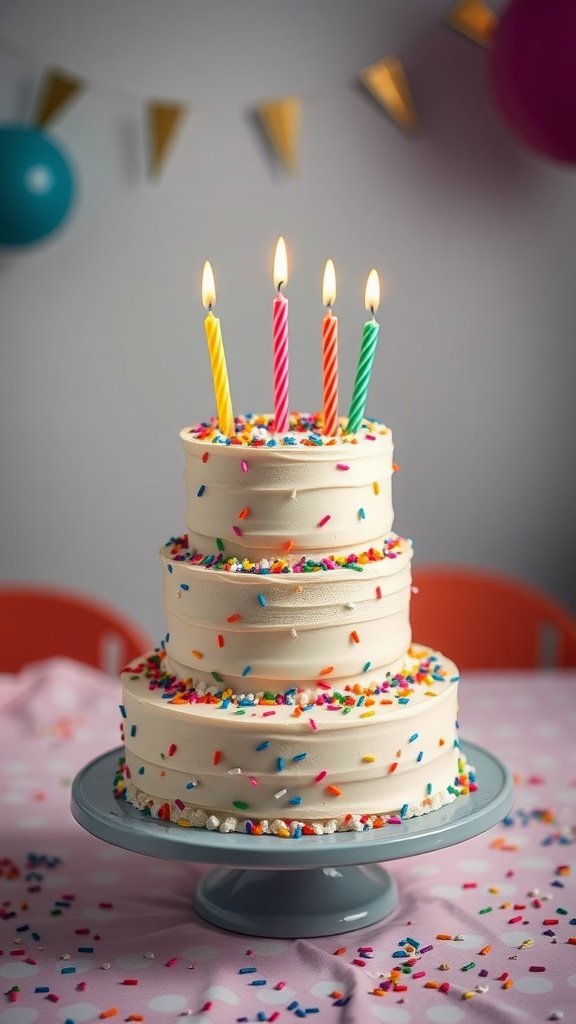 A classic vanilla bean birthday cake with colorful sprinkles and candles on top.