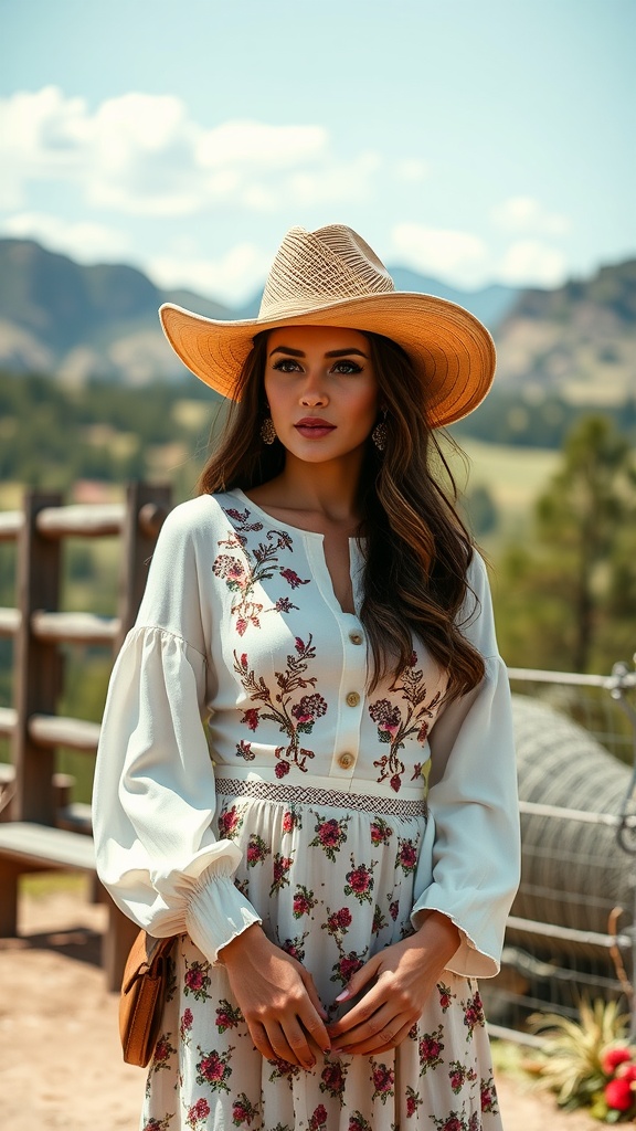 A woman in a wide-brim straw hat and floral dress, standing outdoors.
