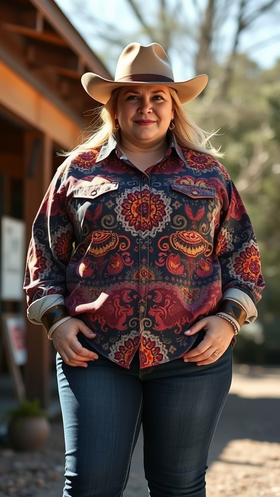 A plus-size woman wearing a patterned western shirt and a cowboy hat, standing outdoors.