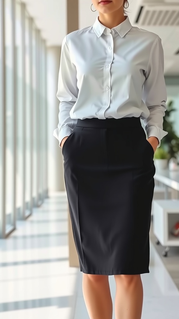 A woman wearing a white button-up shirt and a black pencil skirt, standing in a modern office environment.