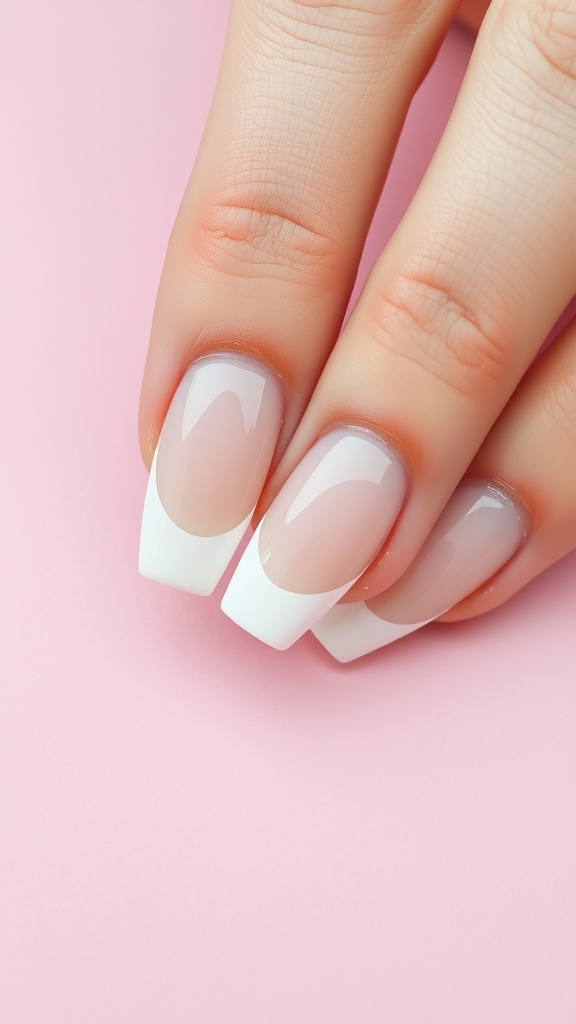 Close-up of hands with classic white French tip acrylic nails on a pink background.
