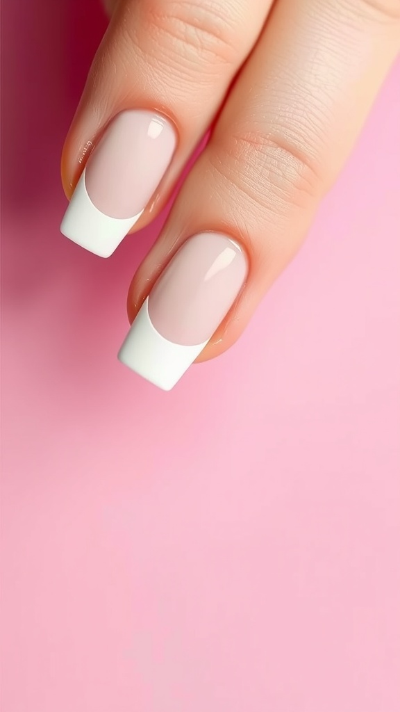 A close-up of classic white French tip nails with a light pink base.