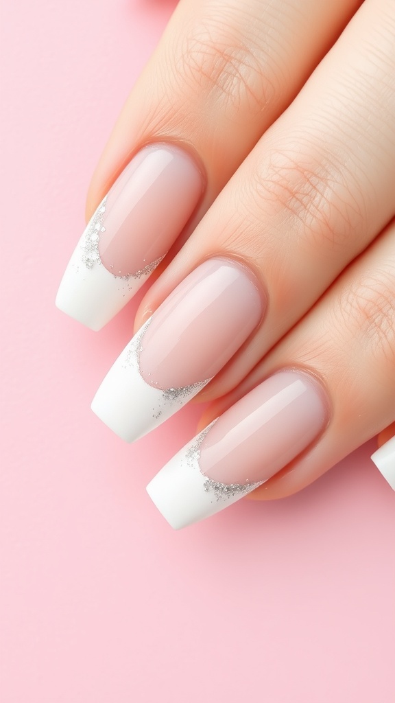 Nails featuring classic white French tips with silver glitter accents, set against a pink background.